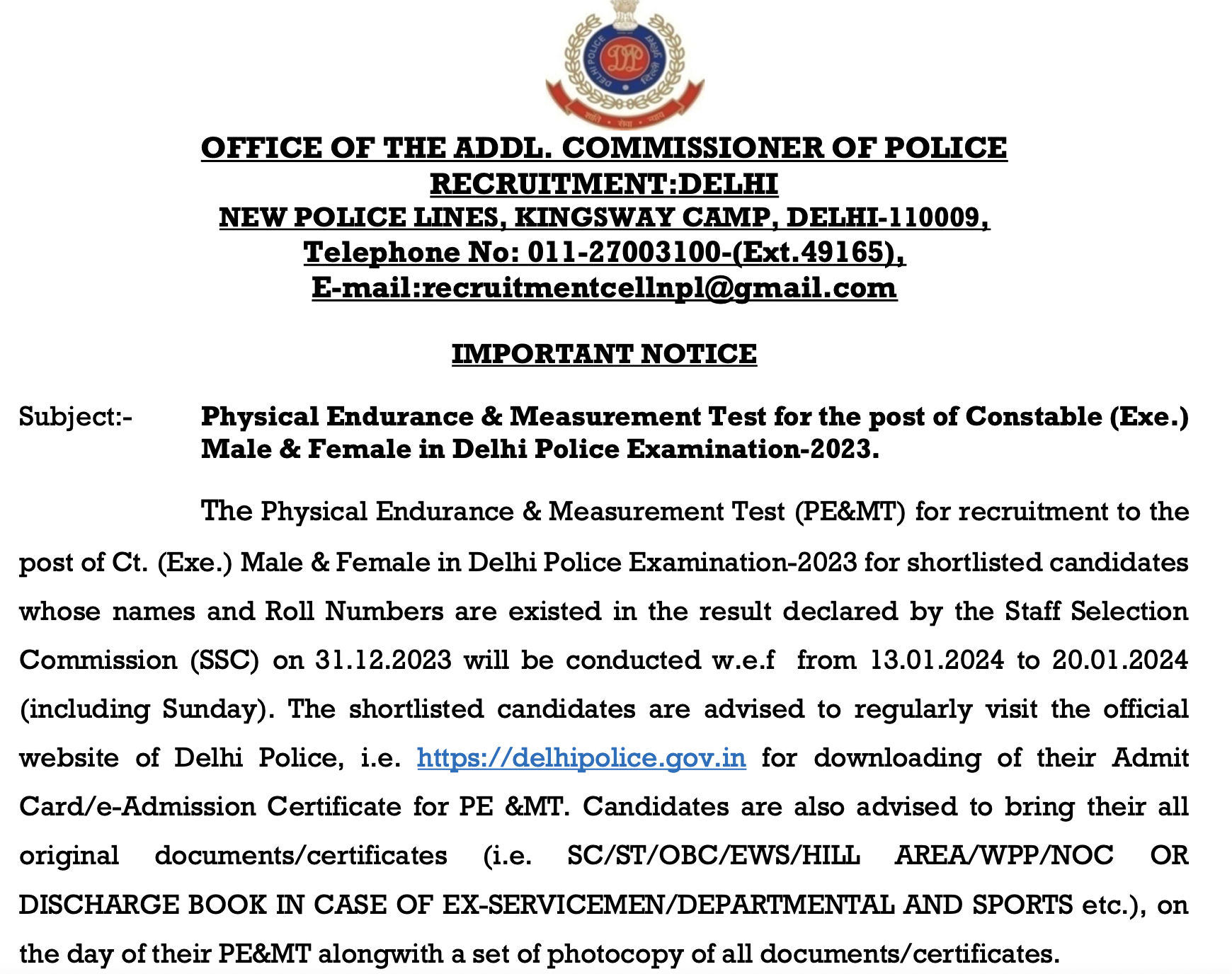 Delhi Police Constable Physical Admit Card 2024